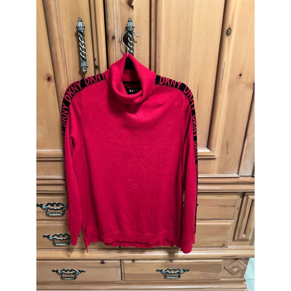 DKNY Red Logo Sleeve Tape Turtleneck Tunic Sweater Pullover Women's Size L
